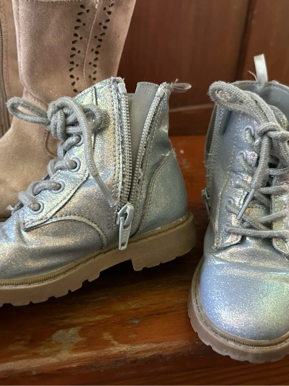 Girls Light Gray Suede Pull-On Boots and Shimmery Blue Lace-Up Boot Set